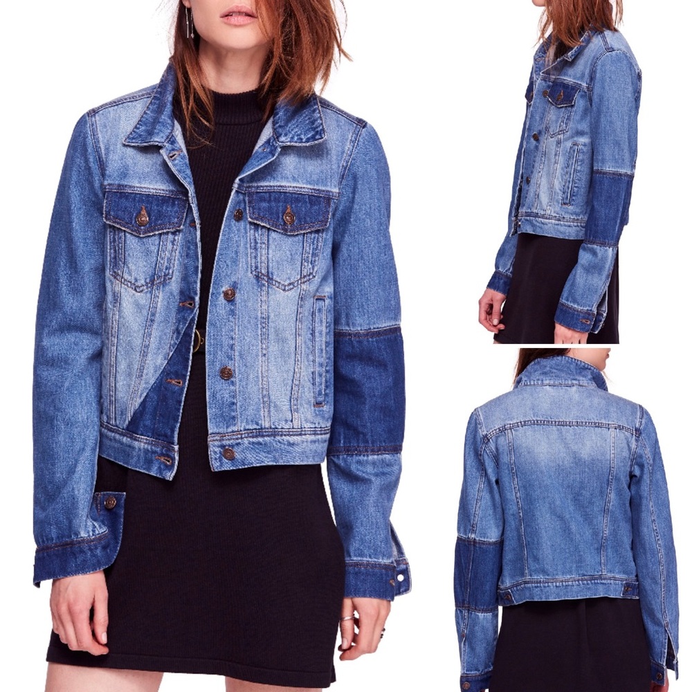 NWT Free People Rumors Denim Jacket Indigo Blue Patch Work Jean Jacket